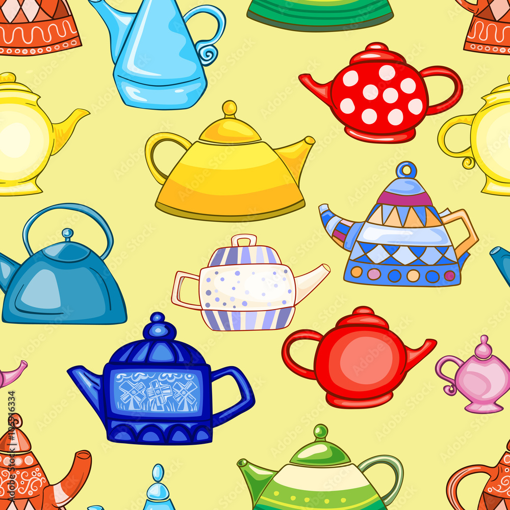 Seamless pattern of hand-drawn and painted teapots. Seamless pattern of hand-drawn and painted teapots.