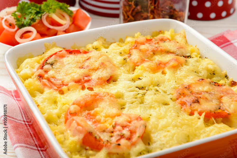 Casserole with minced meat, vegetables and cheese.