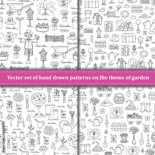 Vector set of hand drawn patterns with isolated symbols of garden