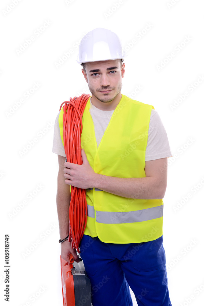 handsome young construction worker isolated on a white background handsome young construction worker isolated on a white background