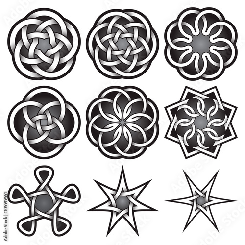 Set of logo templates in Celtic knots style. Tribal tattoo symbols package. Nine silver ornaments for jewelry design. Monochrome logos design.