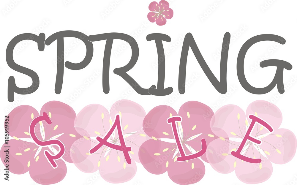 Typography banner Spring sale. Red and black letters, pink flowers on white, packing design. Design elements, illustration, vector Typography banner Spring sale. Red and black letters, pink flowers on white, packing design. Design elements, illustration, vector