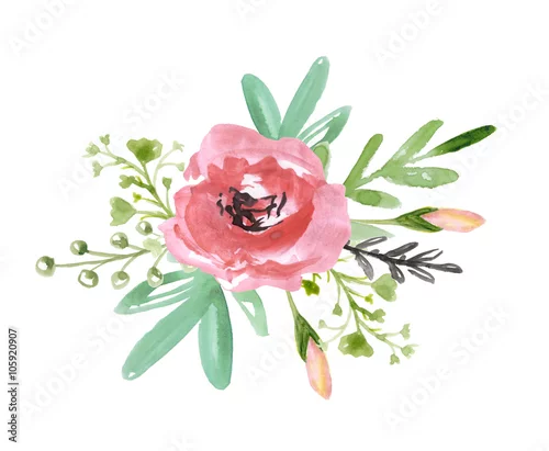 Naklejka na ścianę Kwiatowy bukiet z czerwonym kwiatem i zielonymi gałązkami