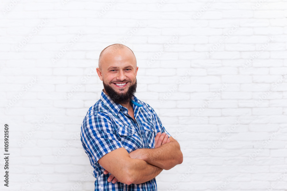 Casual Bearded Man Smiling Folded Hands Casual Bearded Man Smiling Folded Hands