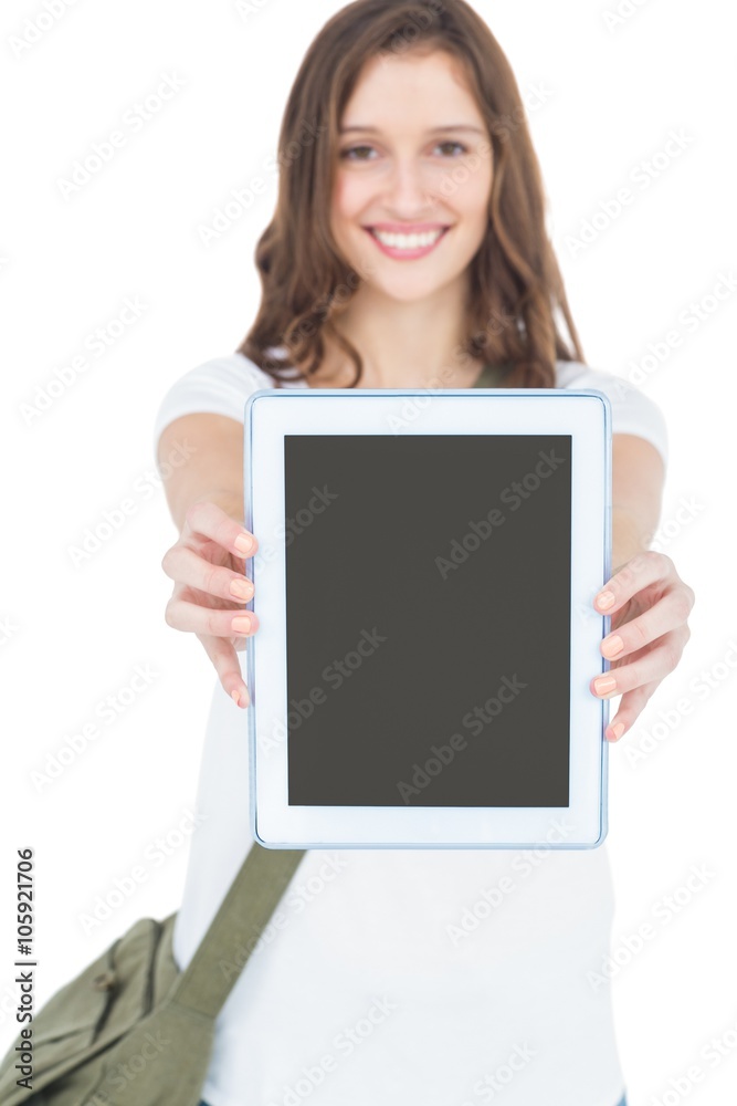Portrait of happy female student showing tablet Portrait of happy female student showing tablet