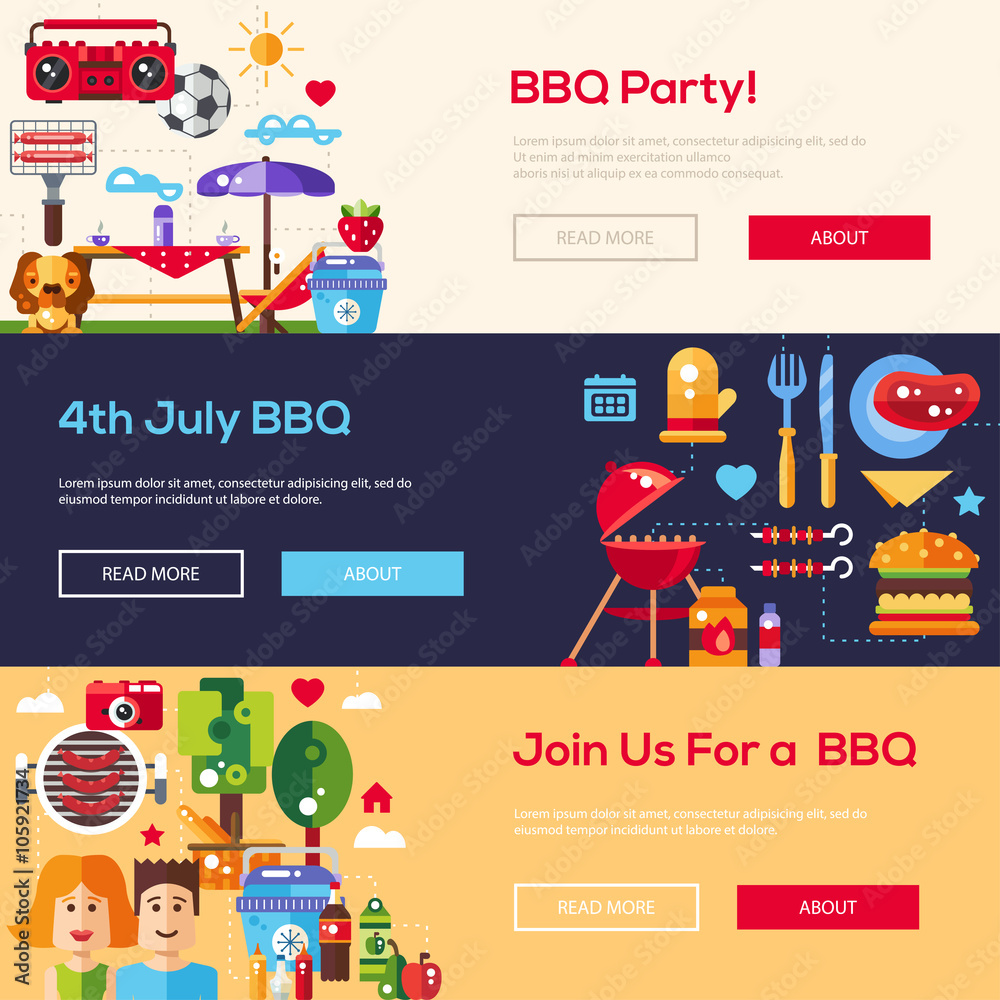Flat design barbecue and summer picnic banners set