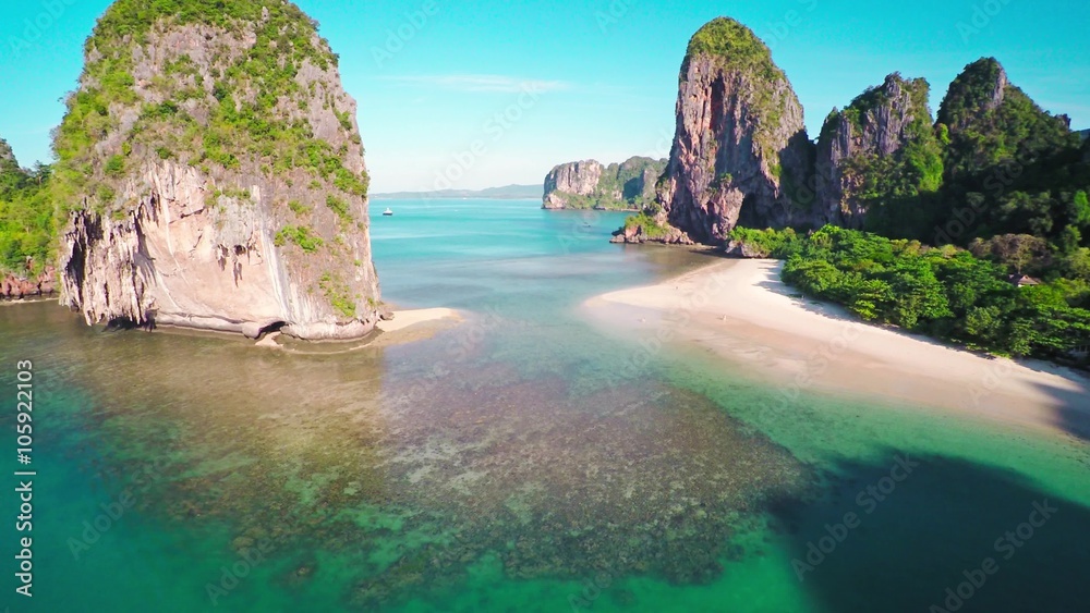 Aerial view on tropical beach (Pranang beach) and rocks, Krabi, Thailand, 4k
