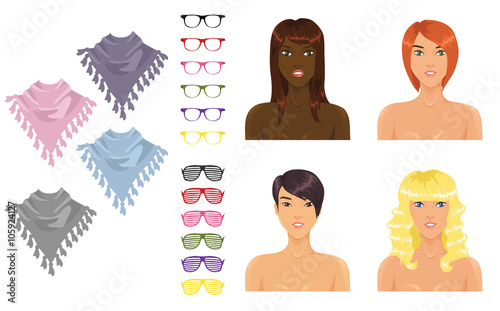 Female icons with accessories assortment