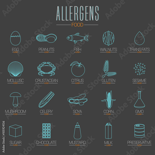 Allergen icons vector set - gluten, lactose, GMO, nuts, etc.