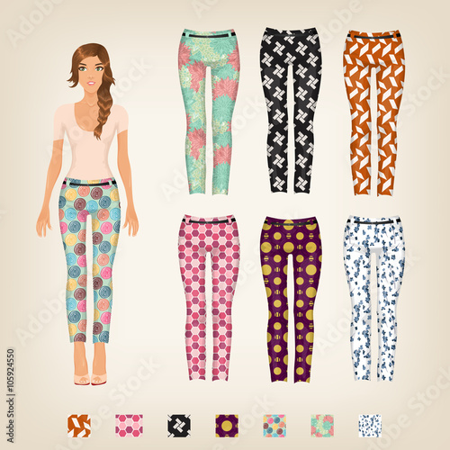 Vector dress up paper doll with an assortment of patterned pants