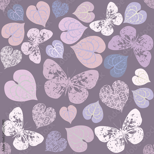 Seamless pattern with leaves and butterfly silhouettes