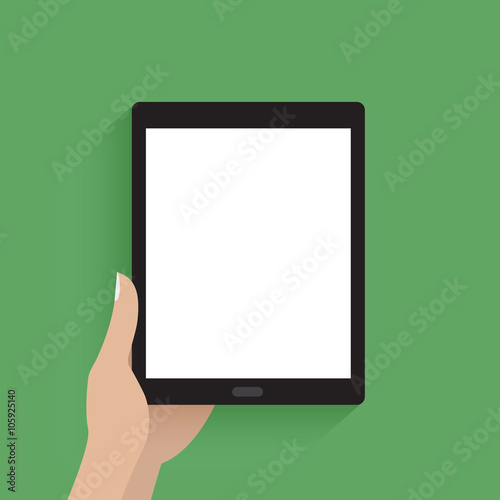 Hand hold a modern digital tablet with blank screen. Flat icon isolated on white.