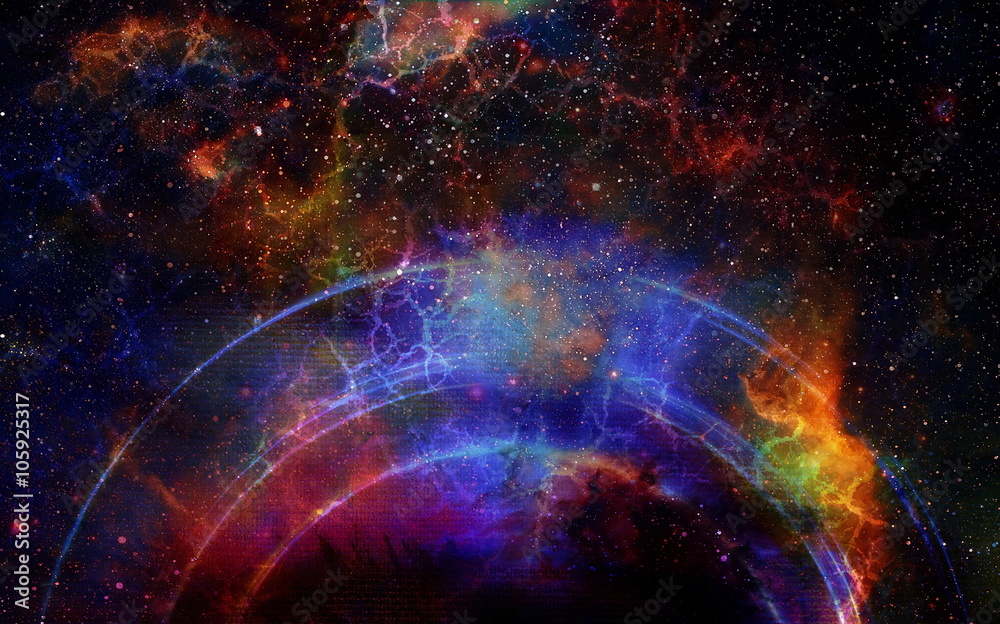 Obraz premium Cosmic space and stars with light circle and cosmic raibow, color cosmic abstract background.