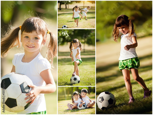 little girl playing with her brother in soccer, collage