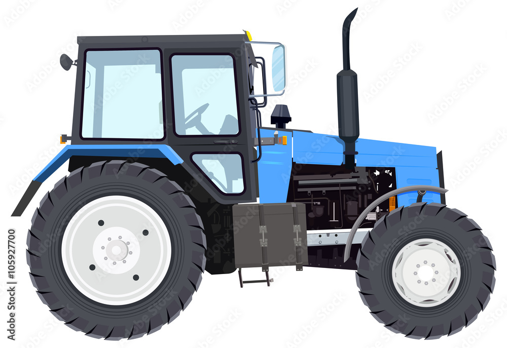 Naklejka premium Blue new tractor. Agricultural machinery. Wheeled tractor