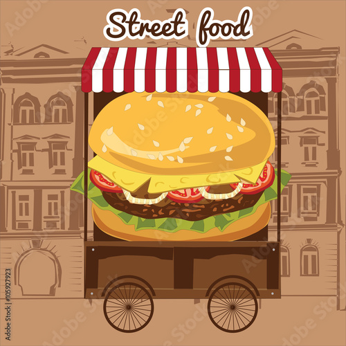 Cartoon fast-food car with a big hamburger on a white background