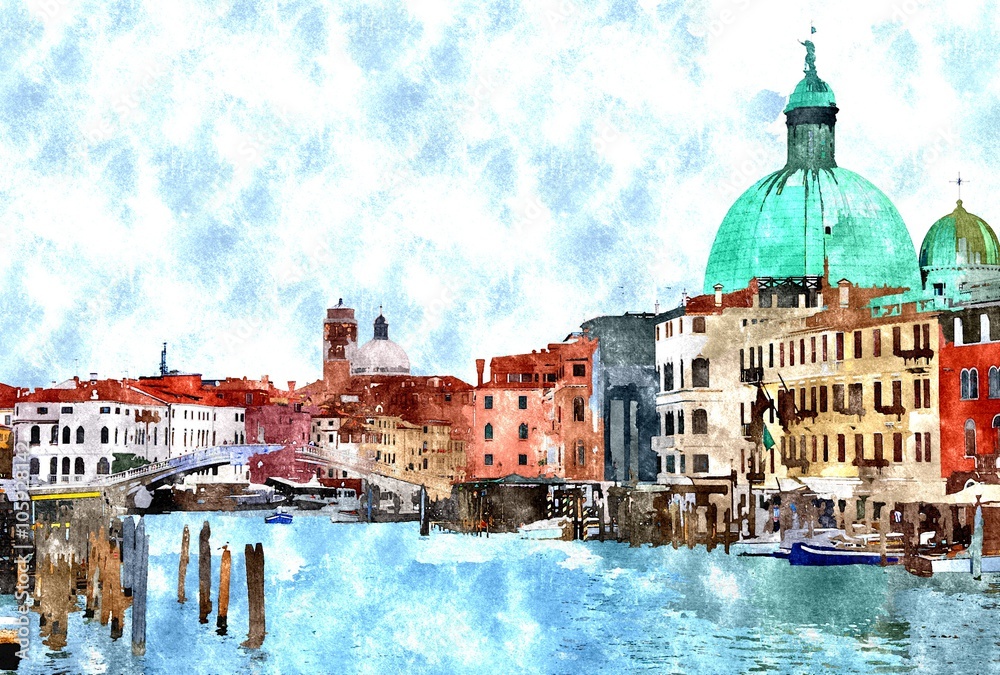 Fototapeta premium Abstract watercolor digital generated painting of the main water canal, houses and gondolas in Venice, Italy.