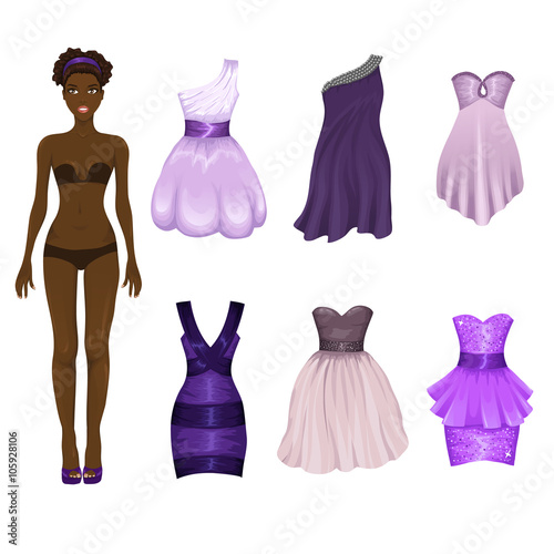 Vector dress-up doll with an assortment of purple prom and cocta