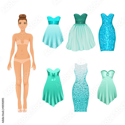 Vector dress-up doll with an assortment of turquoise prom and coctail dresses