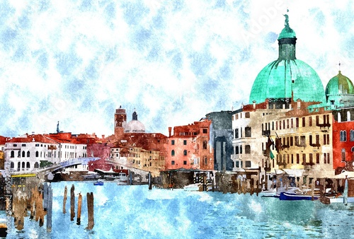 Abstract watercolor digital generated painting of the main water canal, houses and gondolas in Venice, Italy.