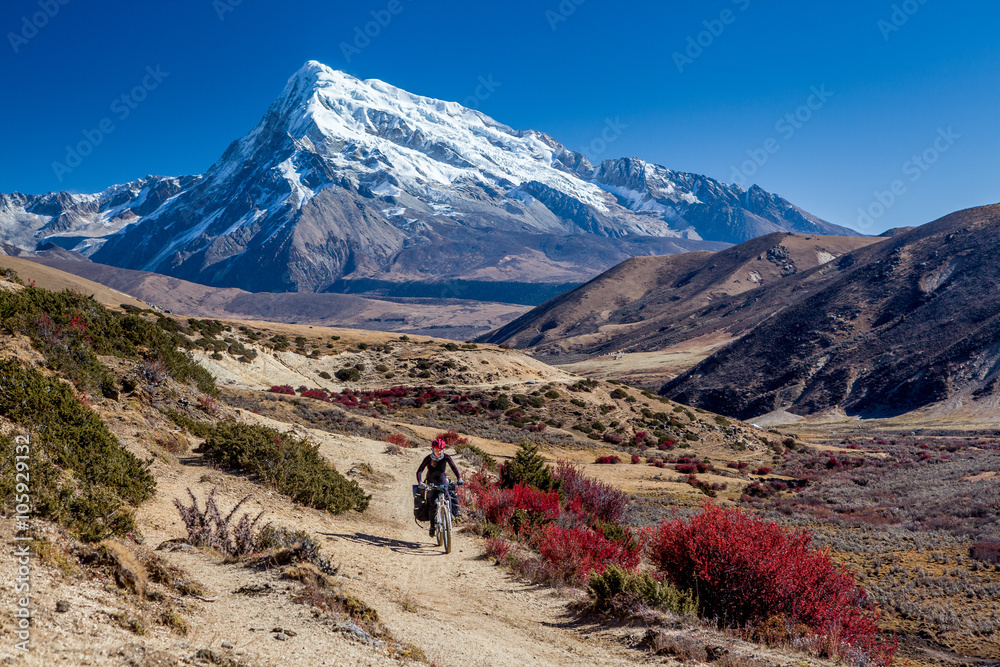 Traveler on mountain bike cycling trail in mountains