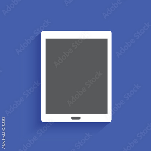 Modern generic white digital tablet with blank screen on blue background.
