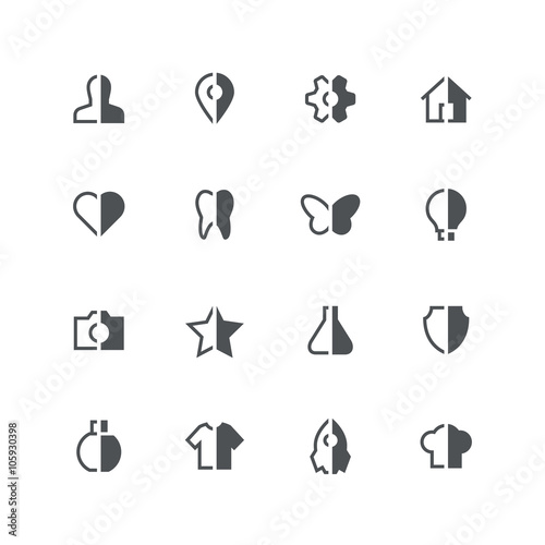 Symmetric vector half colored icons - different grey symbols on the white background