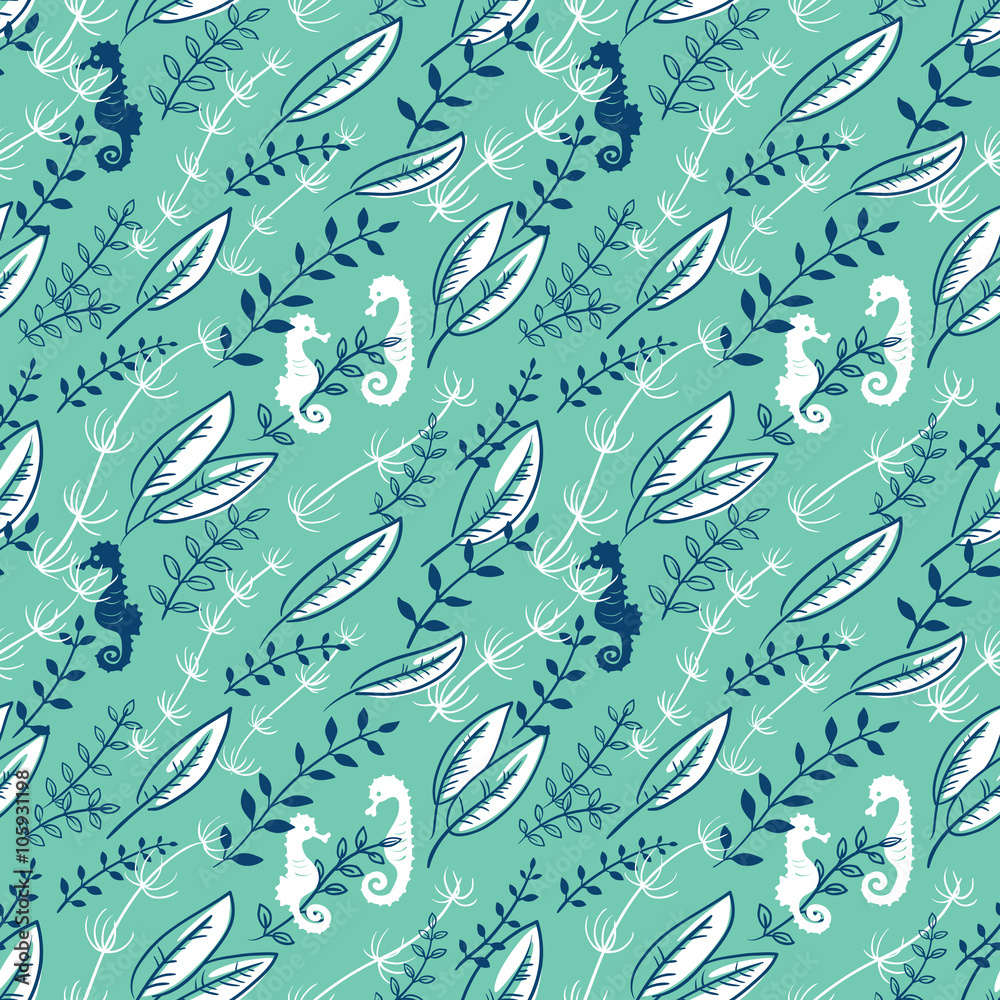Underwater seamless background. Pattern with algae and sea horses