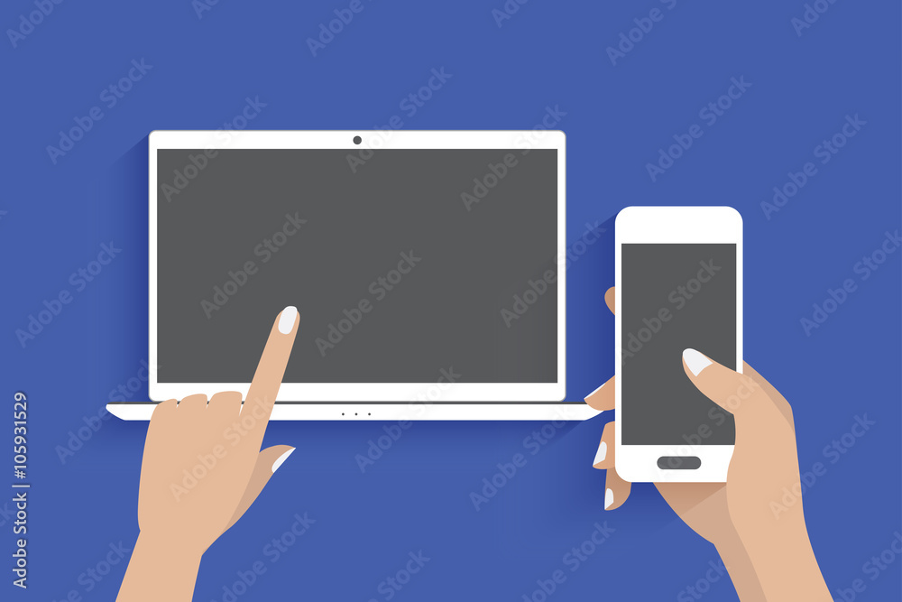 Modern laptop and hand using a smartphone, Blue background. Modern laptop and hand using a smartphone, Blue background.