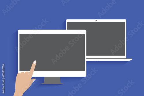 Modern laptop and hand using a touchscreen. Monochromatic.