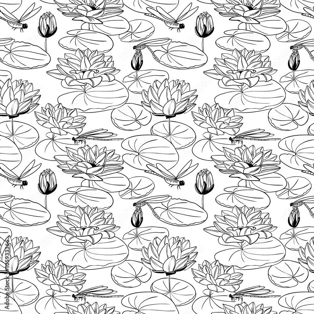 Vector seamless backgrounds water lily and dragonfly