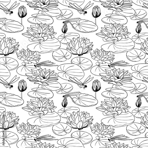 Vector seamless backgrounds water lily and dragonfly