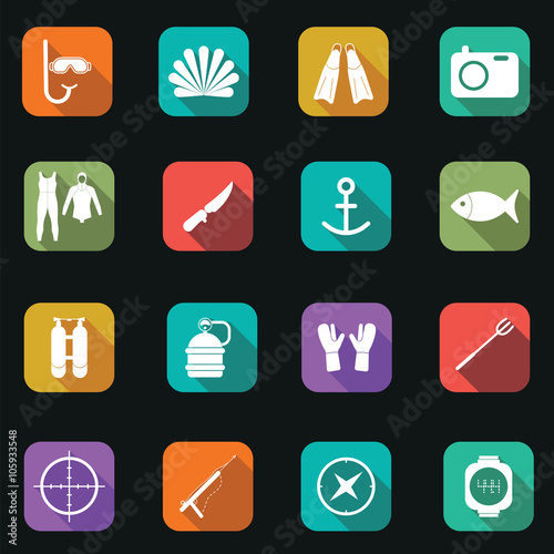 Vector illustration of flat color spearfishing icons with long s