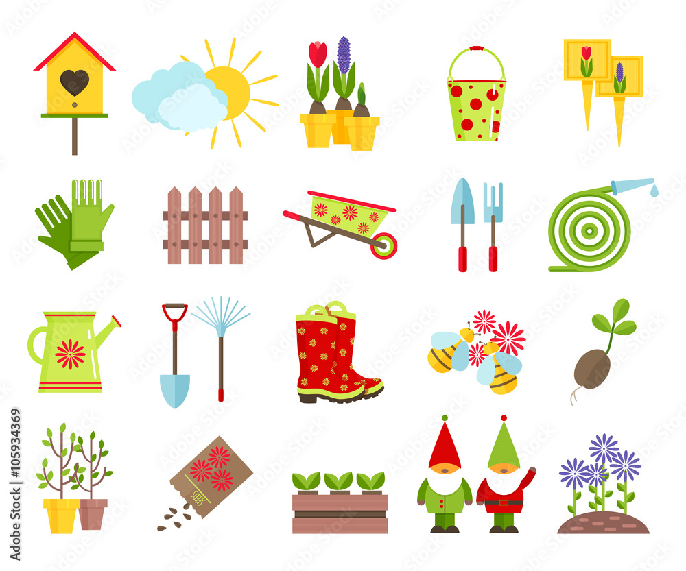 Garden tools and other elements of gardening flat icons set