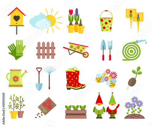 Garden tools and other elements of gardening flat icons set