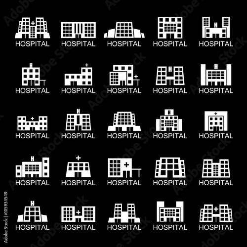 Hospital Building Icons Set-Isolated On Black Background-Vector Illustration,Graphic Design.For Web,Websites,App,Print,Presentation Templates,Mobile Applications And Promotional Material,Collection