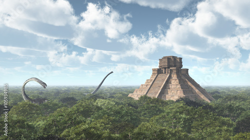 Dinosaurs and Mayan temple photo