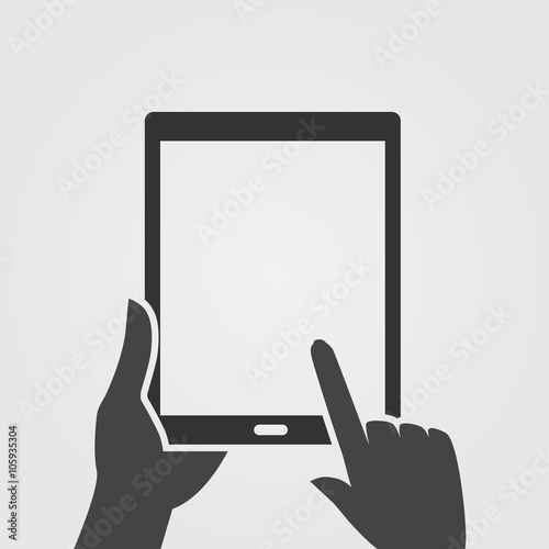 Hands holding and using digital tablet. Monochromatic.