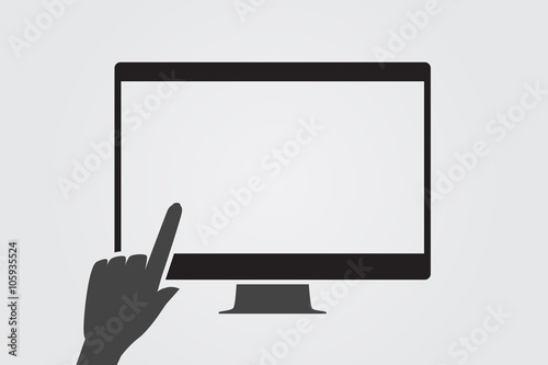 Modern tv and hand using a touchscreen. Monochromatic.