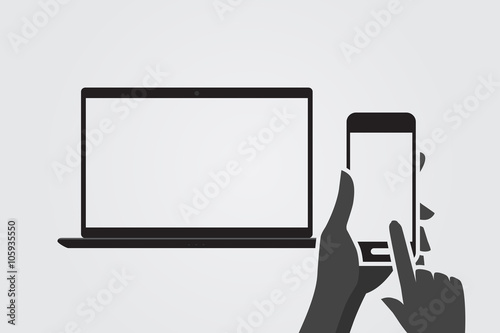 Modern tablet and hand using a smartphone. Monochromatic.