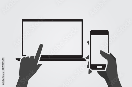 Modern tablet and hand using a smartphone. Monochromatic.
