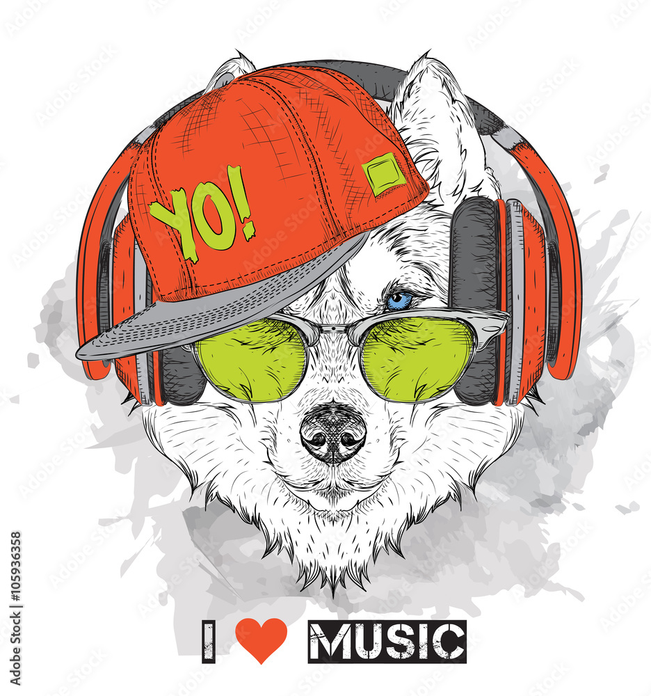 Naklejka premium Husky in glasses and headphones. Vector illustration.
