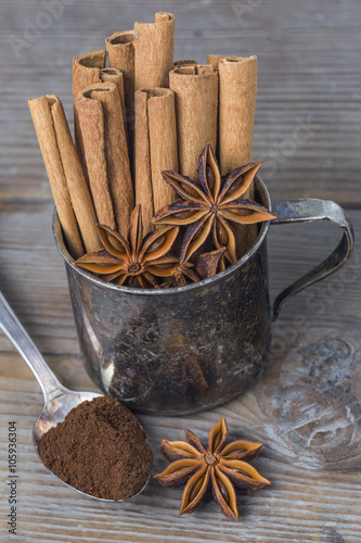 Wooden table of star anise and cinnamon