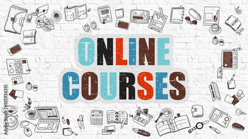 Online Courses Concept. Modern Line Style Illustration. Multicolor Online Courses Drawn on White Brick Wall. Doodle Icons. Doodle Design Style of Online Courses Concept.