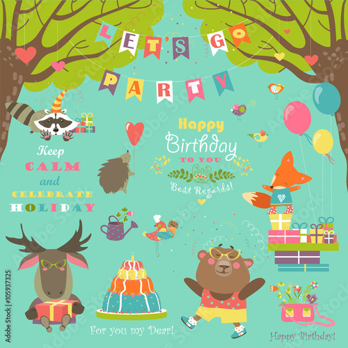 Birthday party elements with cute animals © Maria Starus