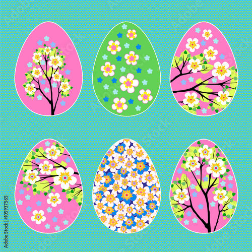 Easter eggs with spring flowers blooming apple tree pattern set vector illustration
