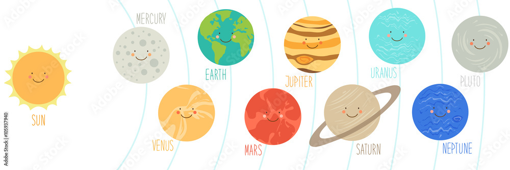 Cute smiling cartoon characters of planets of solar system, can be used for kids education as cards, books, banners. Childish background