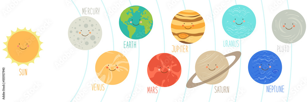 Naklejka premium Cute smiling cartoon characters of planets of solar system, can be used for kids education as cards, books, banners. Childish background