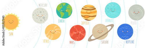 Cute smiling cartoon characters of planets of solar system, can be used for kids education as cards, books, banners. Childish background