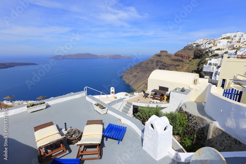 White architecture on Santorini island, Greece. Beautiful landscape with sea view